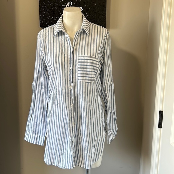 Tommy Bahama Ticking Stripe Boyfriend Shirt Womens Button Front Sz M - Picture 2 of 9